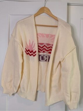 🩵2 for 30- AS IS-St. Tropez Cream Open-Front Cardigan with Pink and Red Accents
